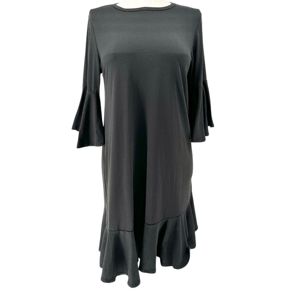 LuLaRoe Maurine Dress Womens XL Black Bell Sleeves Ruffled Hem Stretchy Comfy